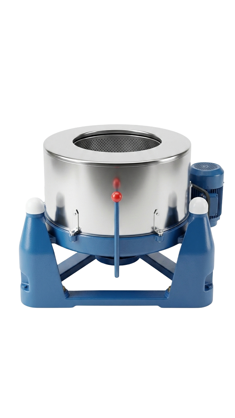Centrifugadora industrial Serie TL con tambor en acero inoxidable y base azul de tres puntos