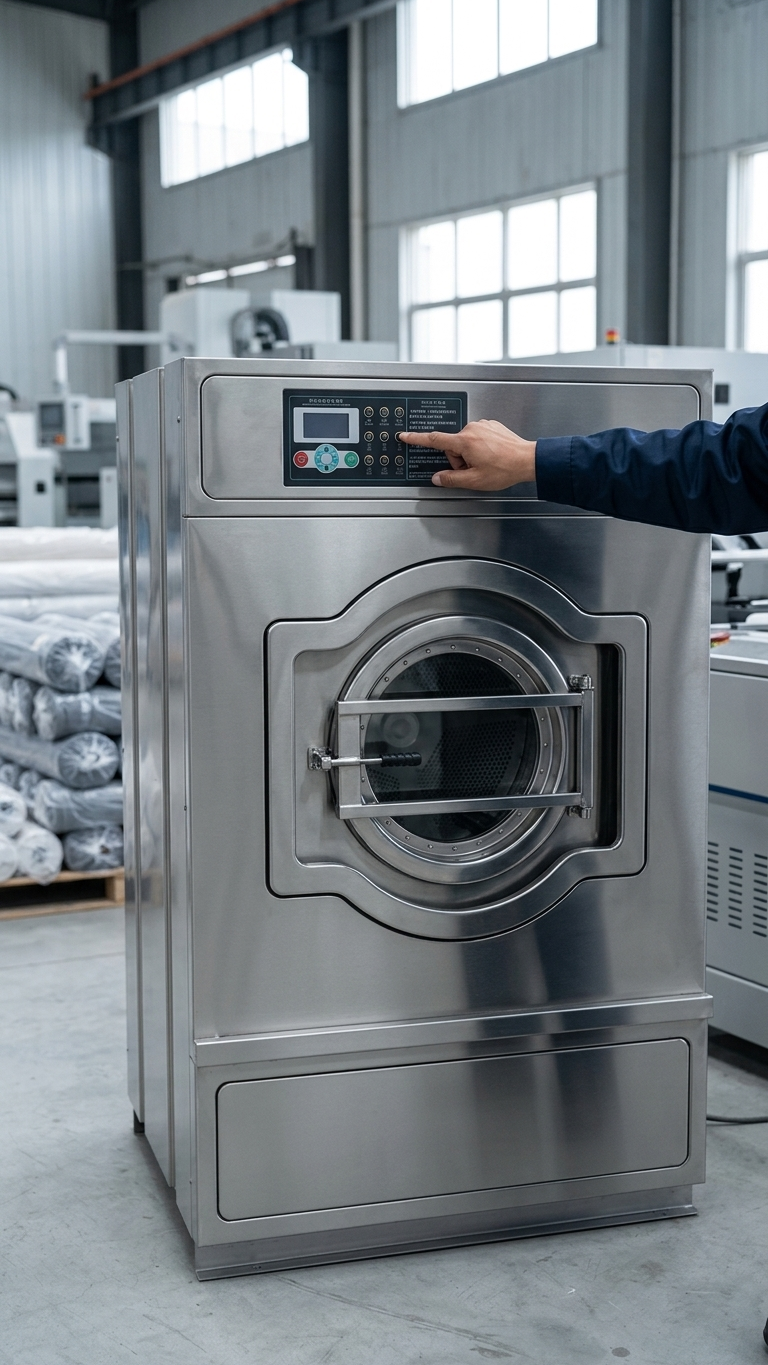 Operaria programando el panel digital de la lavadora industrial XGQ-30 en una planta