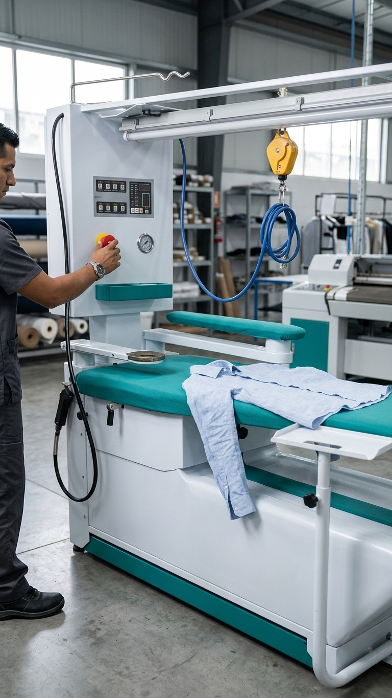 Operario planchando una camisa sobre la mesa de planchado YTT en una lavandería industrial